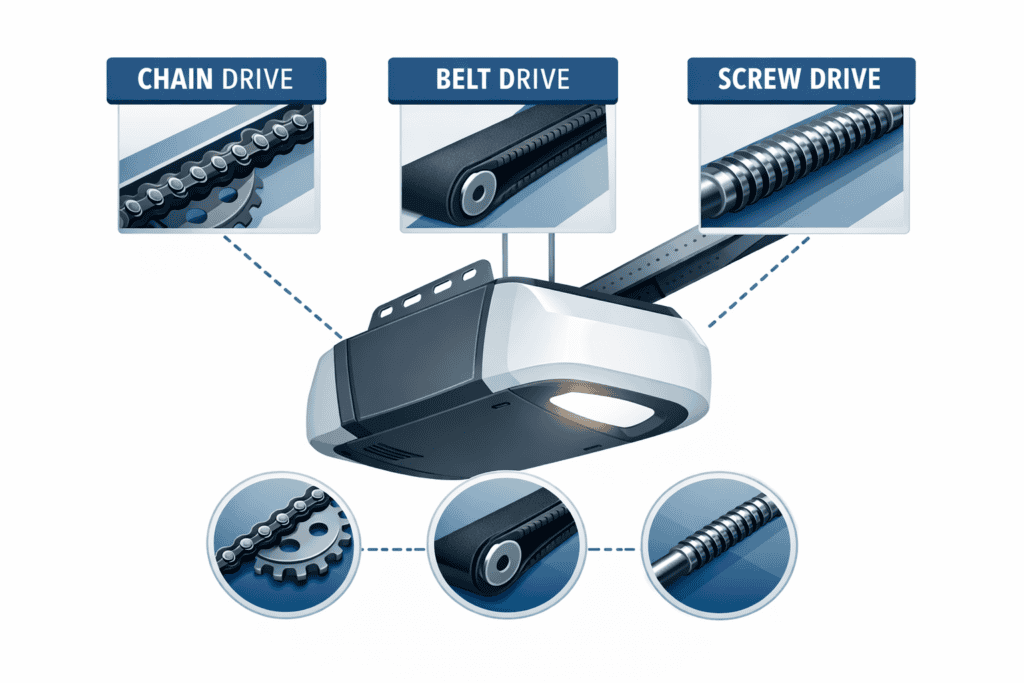Illustration of chain, belt and screw drive garage door openers